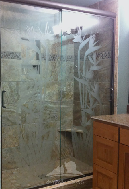 Heavy Slider Door with Birds of Paradise Etching